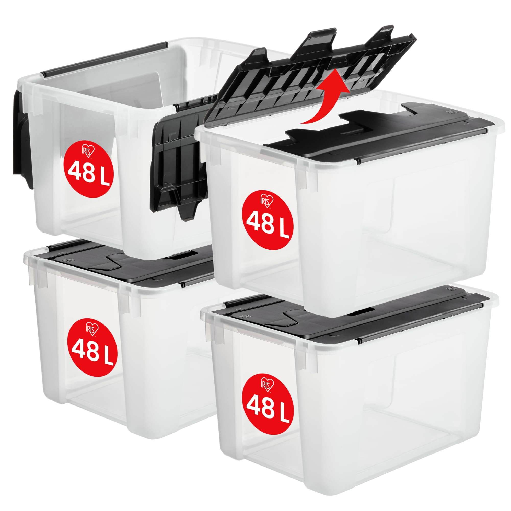 Iris Ohyama, Kunststoff-Aufbewahrungsbox mit Flügeldeckel, 48L, 4er-Set, Transparent, BPA-frei mit Griffen, Stapelbar und nestbar, Solide Organisation, Schlafzimmer, Ankleidezimmer, Büro, CWL-48