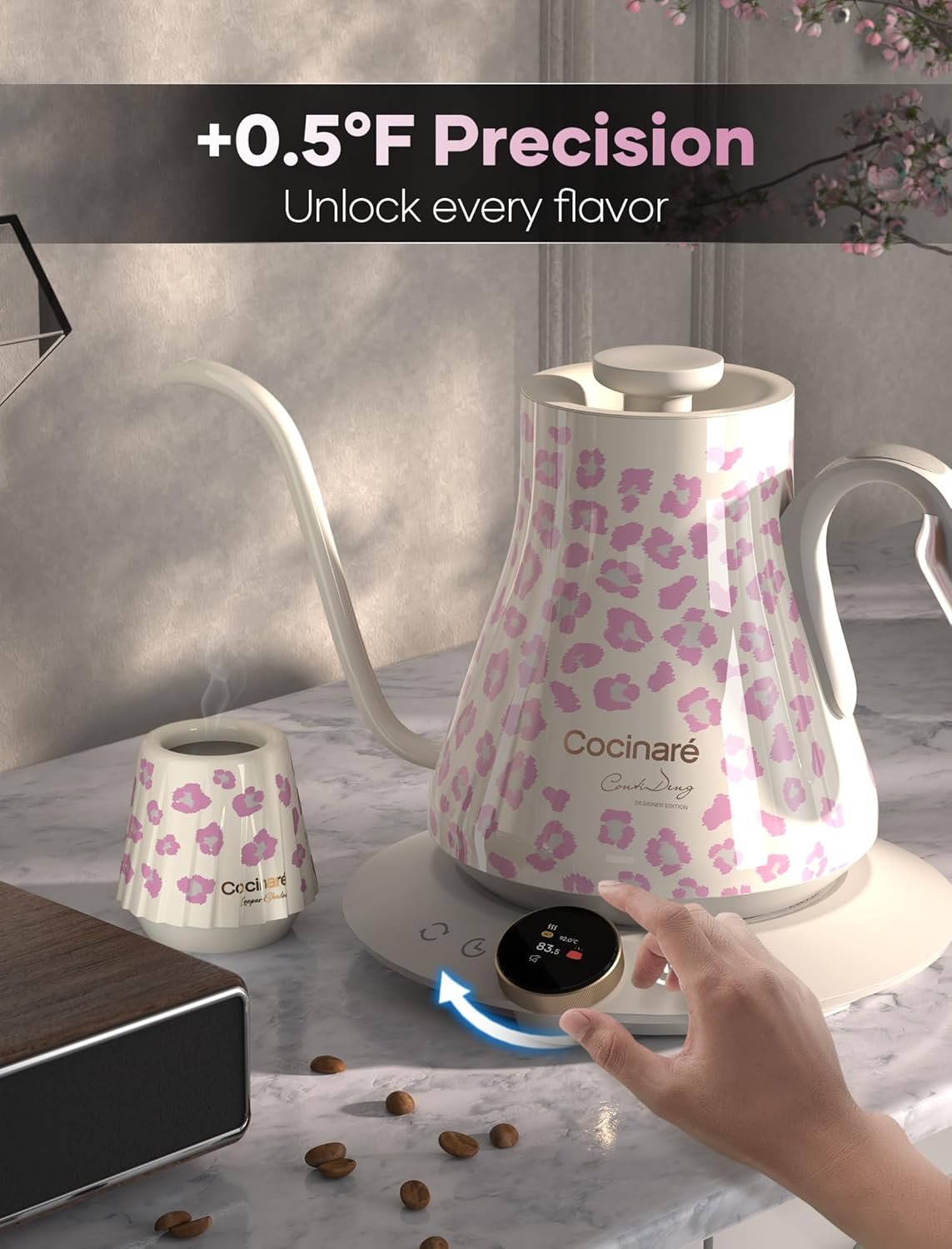 Cocinare Color-changing Collection Blush Leopard Gooseneck Electric Kettle, ±0.5℉ Precise Temperature Control for Pour-Over Coffee & Tea, Quick Heating 1500W, Stainless Steel Interior, 0.9L