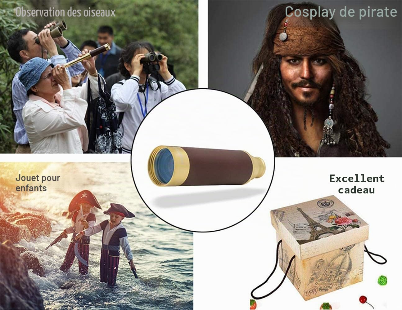 Télescope Pirate Rétro Monoculaire Zoomable 25x30 Vintage Longue Vue Enfant Lentille BAK-4 Imperméable Mini Télescope avec Boussole pour Adultes Camping Observation des Oiseaux