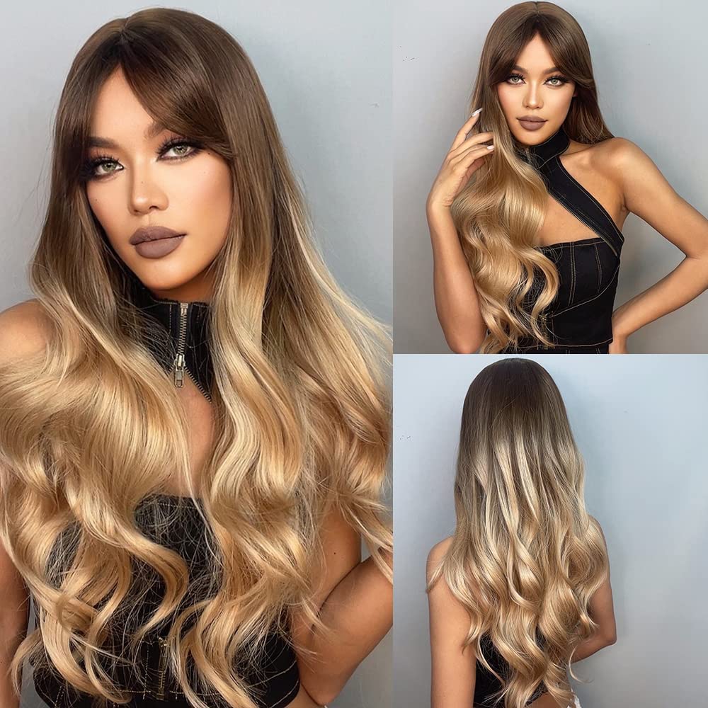 Synthetic Wigs With Bangs 3 Tone Ombre Wig Brown to Blonde Natrual Wave Heat Resistant Wig High Density Long Hair Full Wigs for Women-image-41
