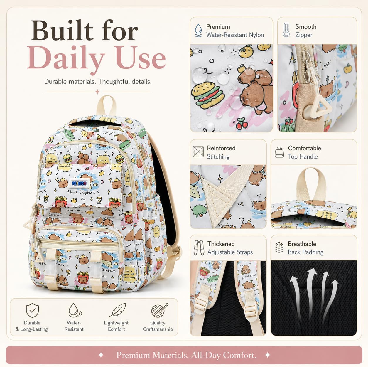 Capybara Backpack with Multi-Pocket Organizer, Water-Resistant Nylon Fashion Aesthetic Daypack, Large Capacity Bag for Capybara Lovers - 17" Height(Off White)