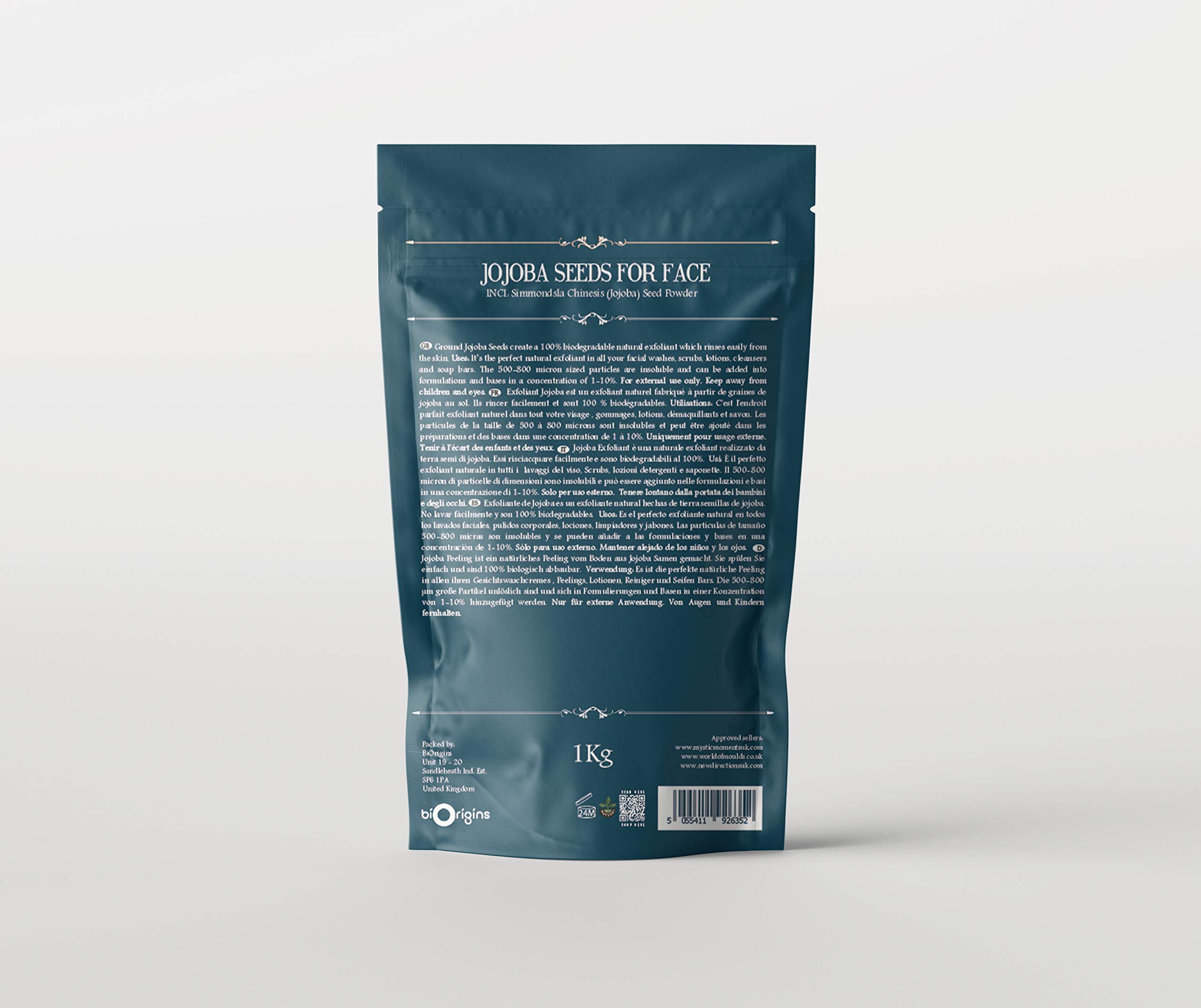 Mystic Moments | Puder do peelingu twarzy z nasion jojoba | 1Kg | Biodegradowalny puder z nasion Simmondsia chinensis do peelingów twarzy, środków myjących, balsamów i mydeł.