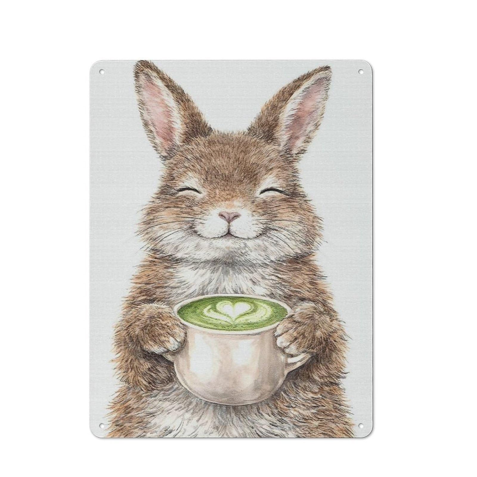 Junmoney Style-6 Cute Bunny Holding Matcha Latte Barn Style Metal Wall Decor 40X30cm, Country Metal Sign For Kitchen, Cottage, Porch Or Garden Room