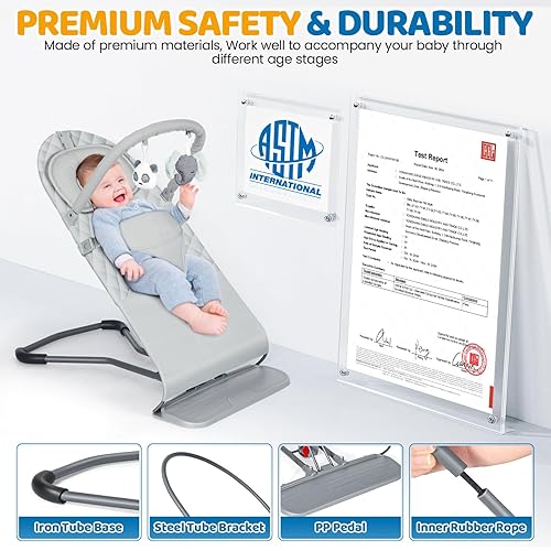 Miniatura 3 de Orzbow Bouncer portátil para bebé, asiento plegable para bebé con bolsa de almacenamiento y barra de juego extraíble, 3 posiciones reclinables, 0-12
