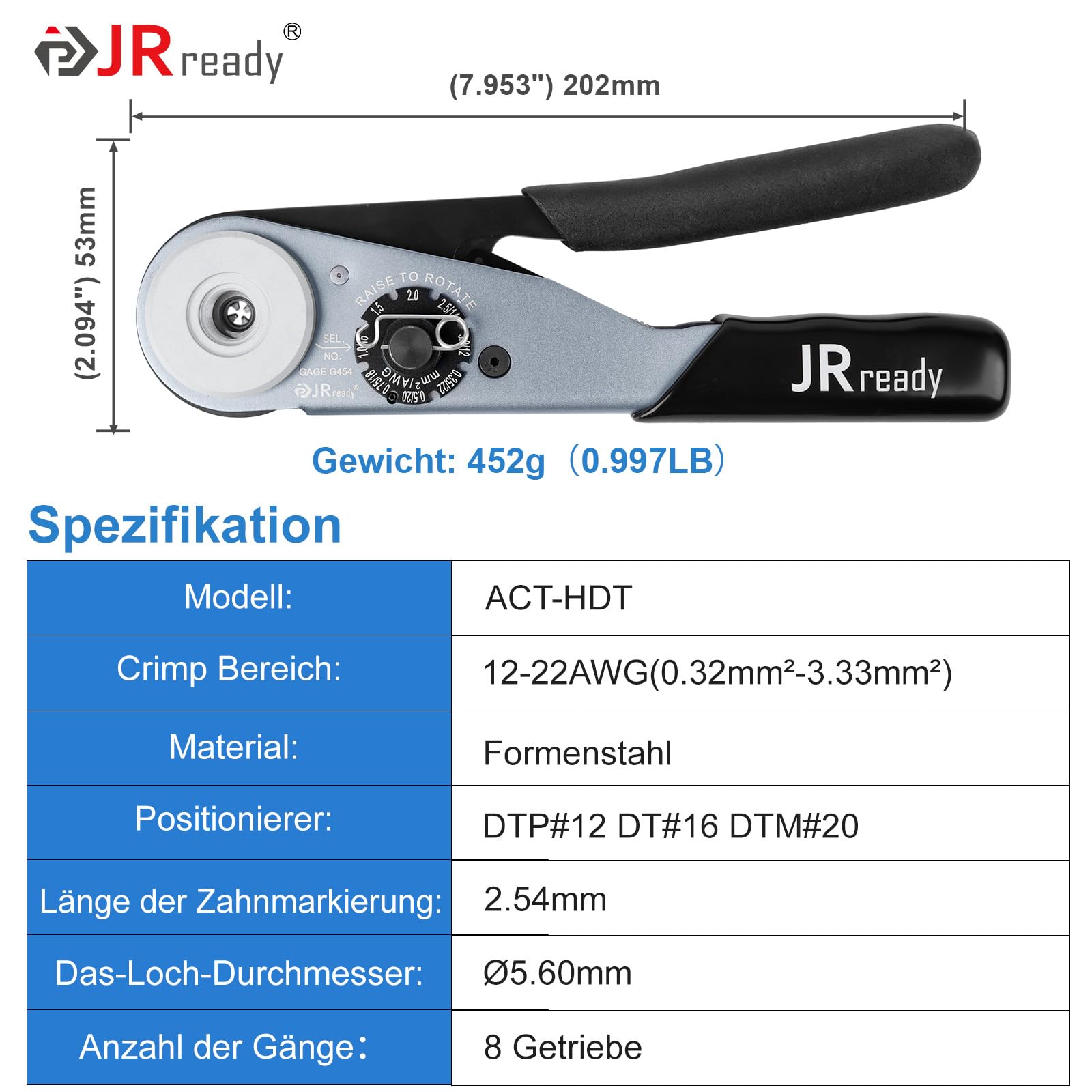 JRready ST2180 Deutsch Crimpzange, DT,DTM,DTP Steckverbinder Crimpzange mit drei Positionierern, 0.35-3mm² ACT-HDT Crimpwerkzeug für Auto