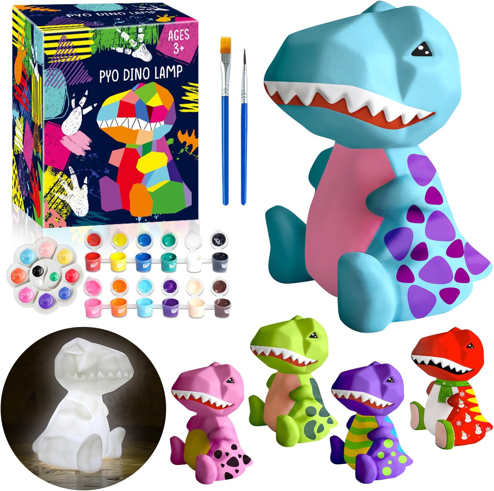 FUNZBO 4.3in Paint Your Own Dinosaur Lamp Kit - Arts and Crafts Supplies Painting for Kids Teens, DIY Night Light Dinosaur Toy for Boy Girl 3 4 5 6 7 8 9 10 11 12 Birthday Gift