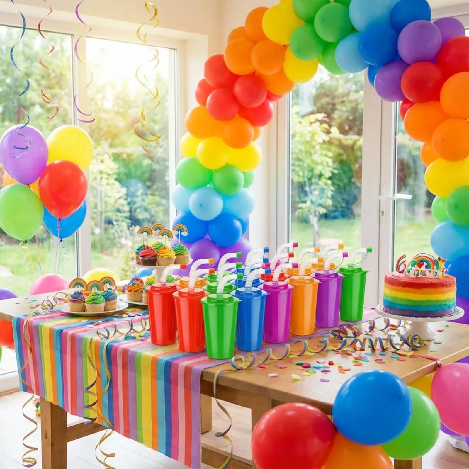 Zubebe Vasos de neón de 12 onzas, vasos de neón coloridos con tapas y popotes, vasos de plástico a prueba de derrames, vasos reutilizables para fiestas de cumpleaños, suministros de eventos, 6 colores