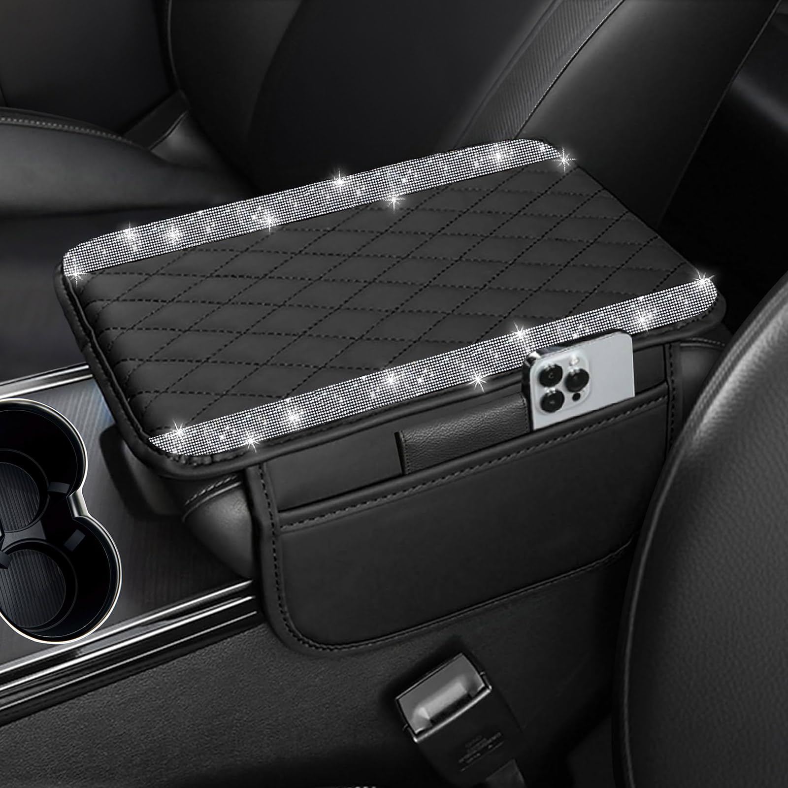Photo 1 of NBTEPEM Bling Car Center Console Cover, Leather Car Arm Rest Cover Cushion with 2 Storage Bags, Universal Auto Armrest Protector Storage Box, Bling Accessories Interior for Most Vehicles (Silver)