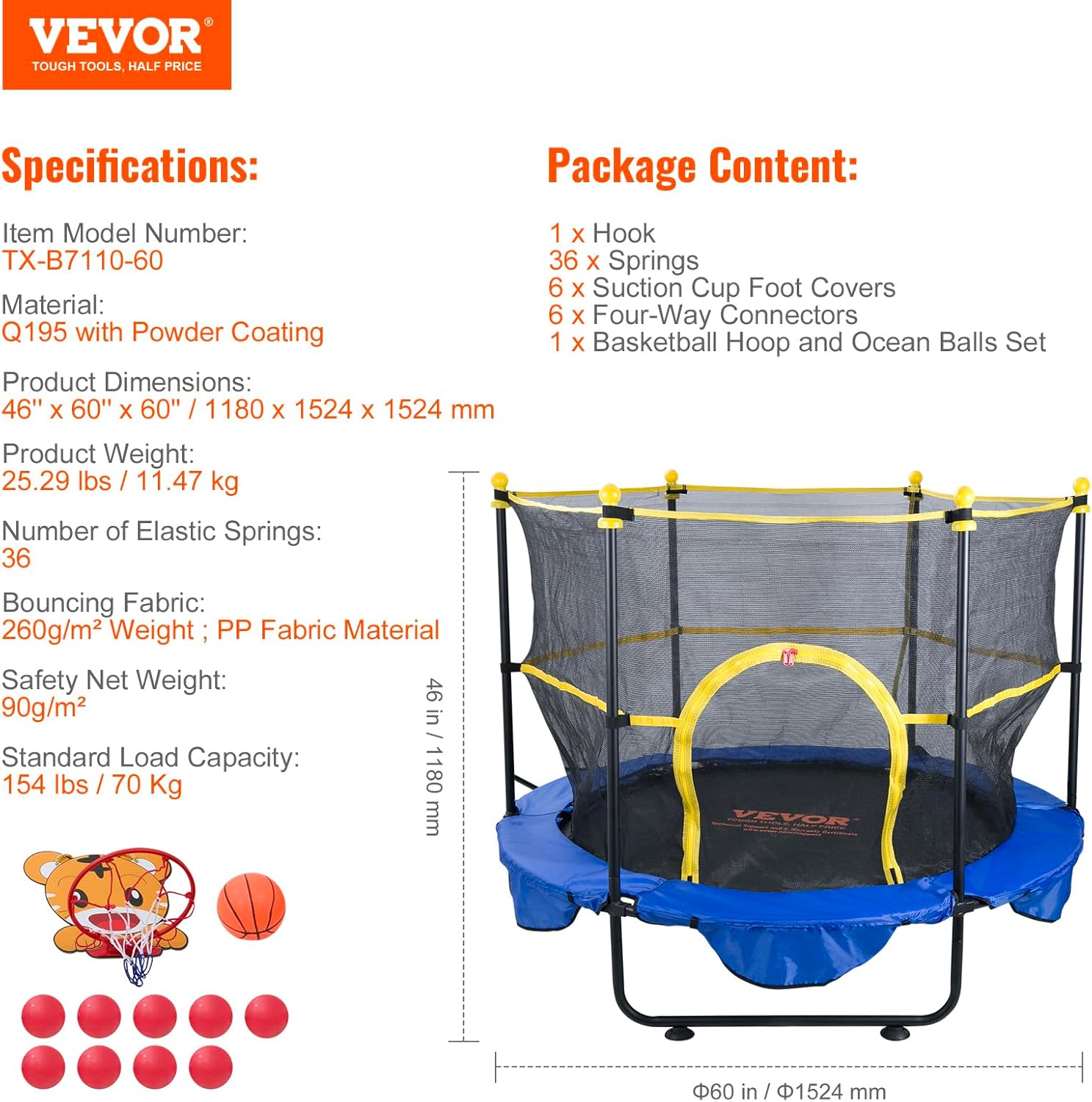 VEVOR 5ft Kids' Trampoline with Safety Enclosure and Basketball Hoop