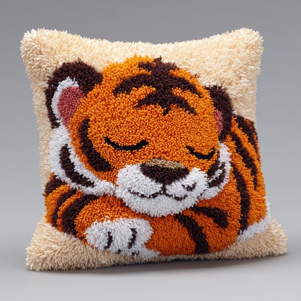 Henypt DIY Latch Hook Cushion Kit 43x43cm,Sleeping Tiger Complete Needlecraft Set with Pre-Cut Yarn & Tools,Creative Home Decor Gift for All Ages