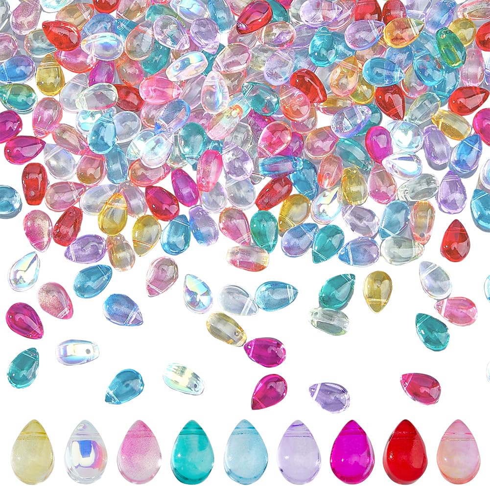 200Pcs Teardrop Glass Beads - 9x6x5mm Transparent Water Drop Crystal Mixed Color Beads for DIY Jewelry Making Craft, Hole: 1mm