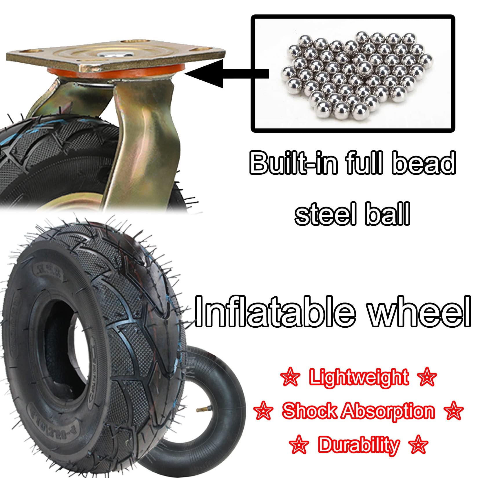 2 Stück 200 Mm 250mm Bockrolle Gummi, Doppelte Lager Lenkrolle Mit Bremse, Schwerlastrollen Luftreifen Für Trolleys Möbel, Tragfähigkeit:150KG / 200KG, Mit Schrauben