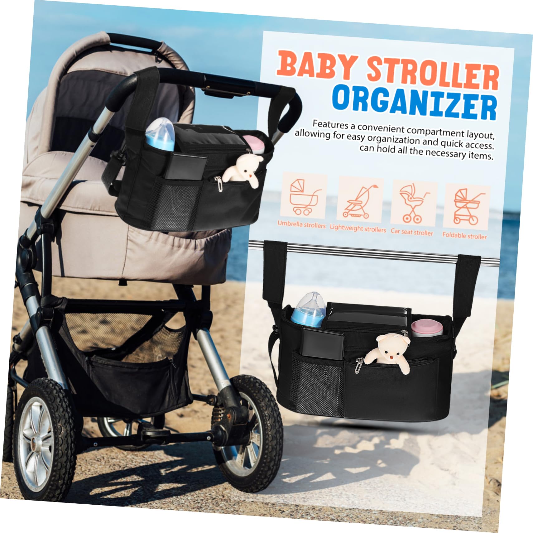 TOYANDONA Borsa Organizer per Passeggino Borsa Portaoggetti Tasche Multiple Accessorio per Passeggino Portabicchieri Soluzione di Archiviazione Pratica