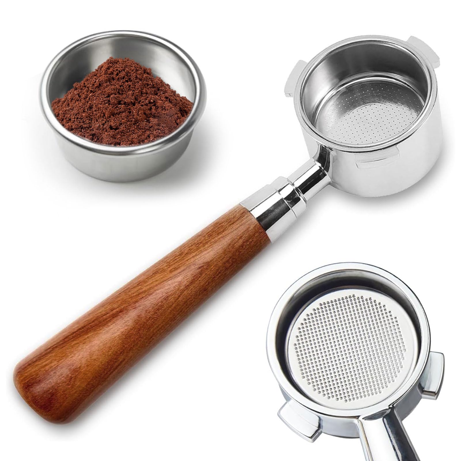 Bezdenny sitko, 51 mm, z 3 uszami, Espresso Bottomless Portafilter, sitko, kompatybilny z DeLonghi Dedica EC680, EC685, EC885, kosz filtrujący ze stali nierdzewnej i uchwyt z czerwonego drewna