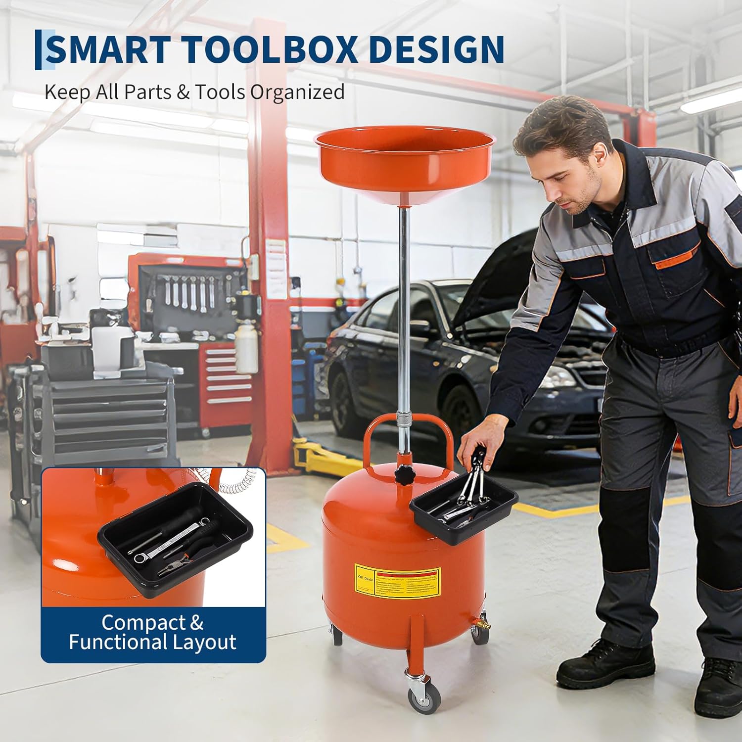 8 Gallon Waste Oil Drain Tank with Adjustable 38"–63" Funnel, Portable Air-Operated Drainer for Waste Oil, Heavy-Duty Steel Mobile Cart for Oil Drains, Rust-Resistant Tank with High-Temp Drain Hose