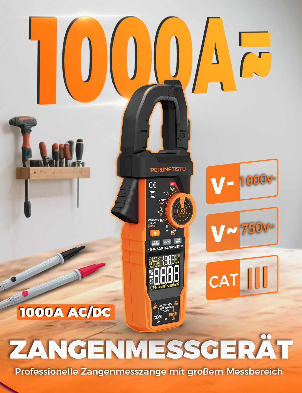 CM06PRO Digitales Strommesszange 6000 Counts True RMS, 1000A AC/DC – mit Einschaltstrommessung & NCV – Multimeter für Strom, Spannung, Widerstand, Kapazität, Temperatur, Leitungserkennung