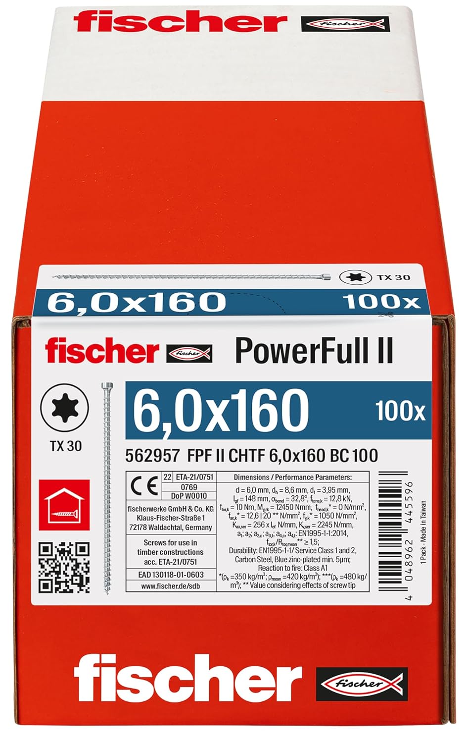 Fischer 562957 Powerfull II CHTF 6.0 x 160 Wood and Construction Screws, Cylindrical Head, Torx Footprint, White Galvanised 100 Pieces