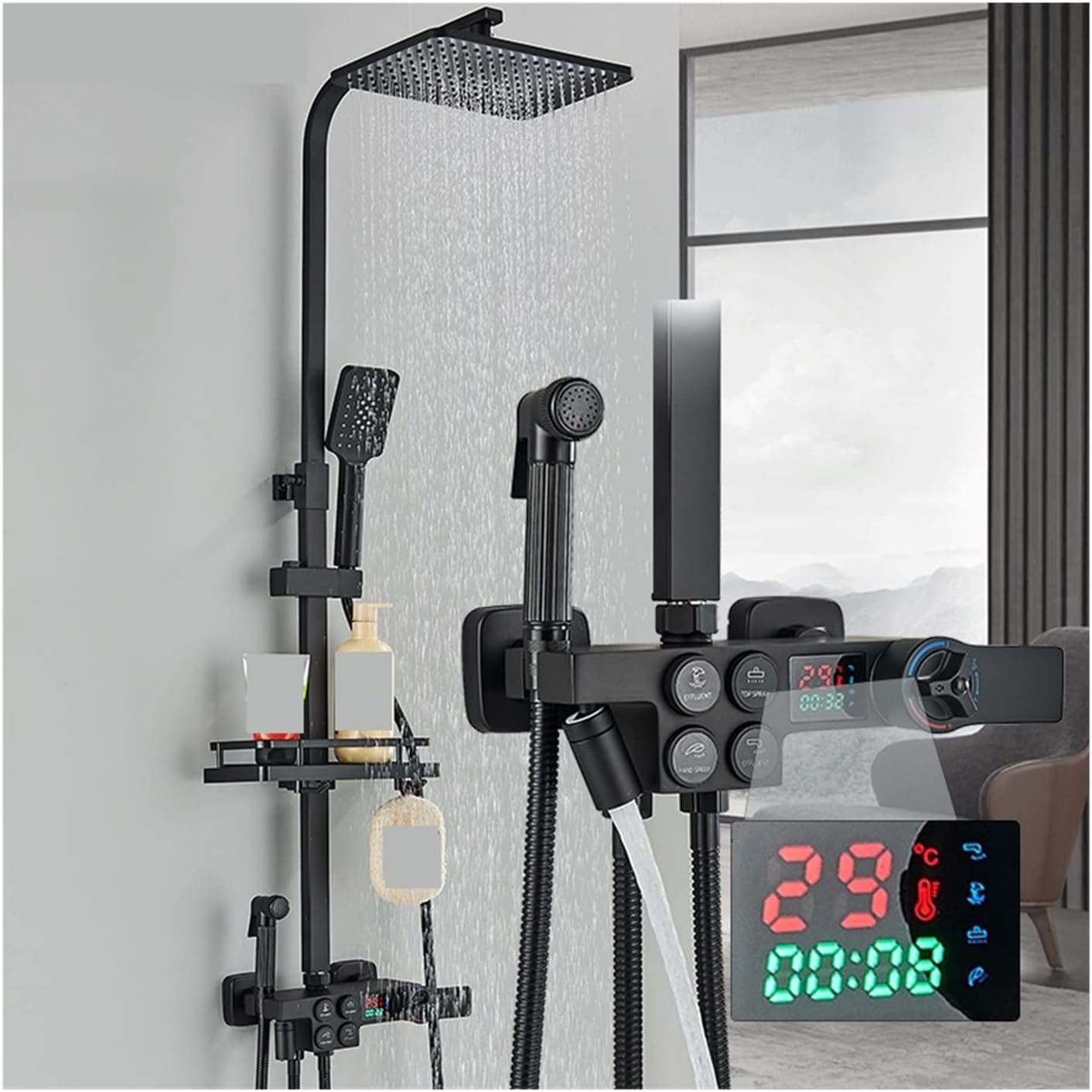 LED Rainfall Shower Panel Tower System Shower Black Copper All Home Bathroom Shower Set Thermostat Digital Display Rotating Elevating Pressure Shower Multifunction Color White Hot Gold, Size 1
