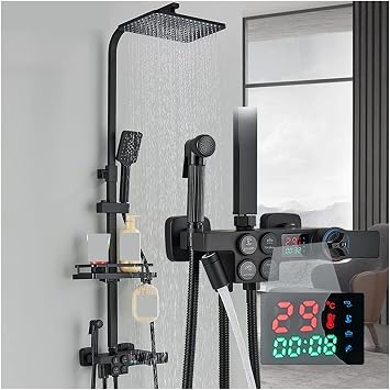 LED Rainfall Shower Panel Tower System Shower Black Copper All Home Bathroom Shower Set Thermostat Digital Display Rotating Elevating Pressure Shower Multifunction Color: White Hot Gold, Size: 1