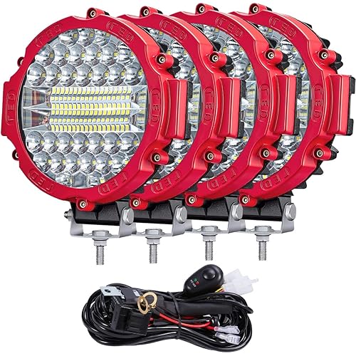 7 Inch Round LED Light Bar Offroad, 201W 15000LM Off Road Driving Work Light Pod, Tractor ATV UTV Cart 4x4 LED Off-Roading Light Pod Fog Trucks Flood Beam Lights (201W 4PC-Red with Wiring)