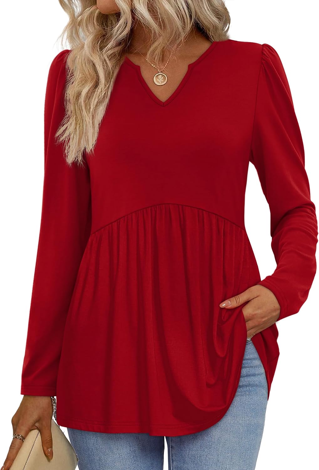 WIHOLL Womens Tops Long Sleeve Fall Shirts Babydoll Peplum Tops for Women V Neck Tunic Dressy Casual Blouses