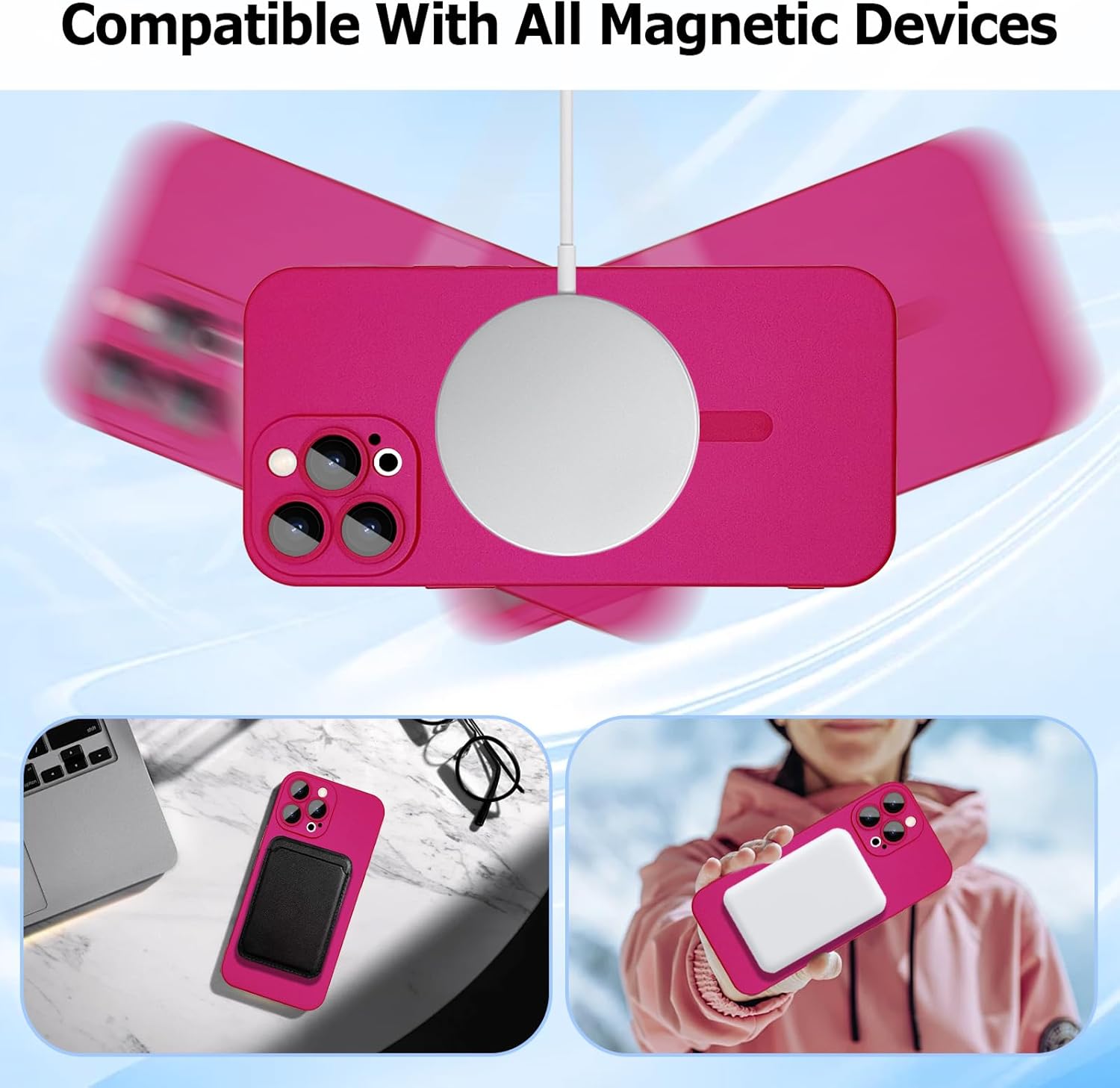 Magnetic case for iPhone 14 Pro Max Phone Case for Women, Matte Luxury Soft Metallic Luster Design with Camera Lens Protector, Compatible with Magsafe Case for iPhone 14 Pro Max 6.7"-Hot Pink - Image 2