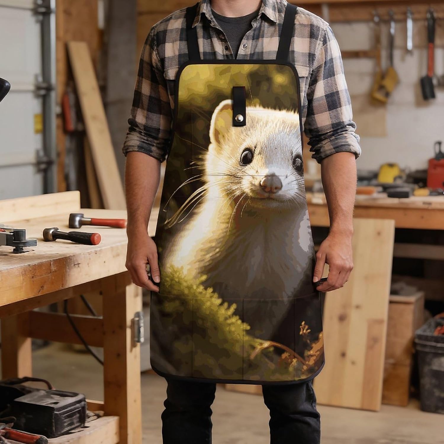 Cute Weasel Tool Apron with Multiple Pockets Adjustable Heavy Duty Work Apron Cross-Back Straps Lightweight Workshop Bib Apron for Men Women Woodworking Garden image 5