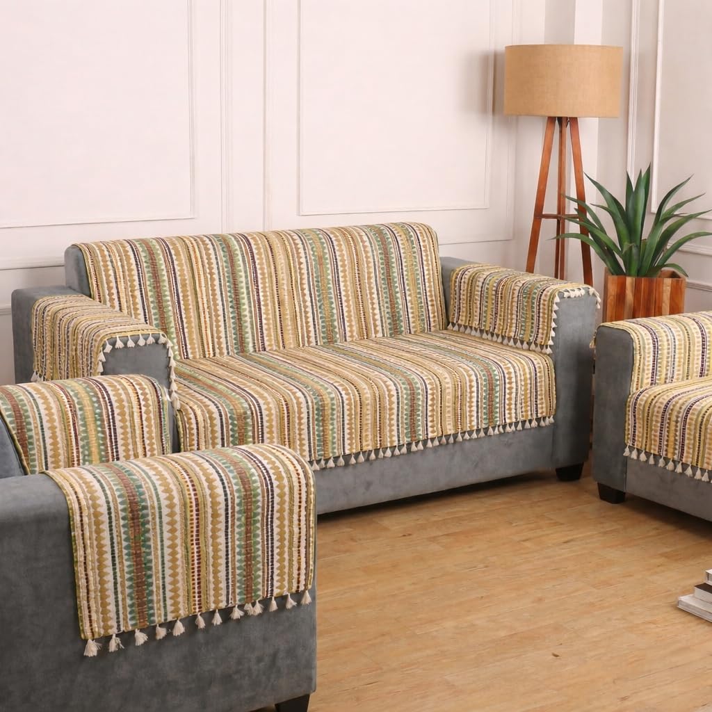 Gifts Island® Woven Acrylic Cotton Sofa Cover Mat, Brown Striped with Decorative Tassels, Non-Slip Design with Elastic Straps, 3 Seater and 1 Seater Mats with 6 Armrest Covers (Brown, 3+1+1 Seater)-image-17