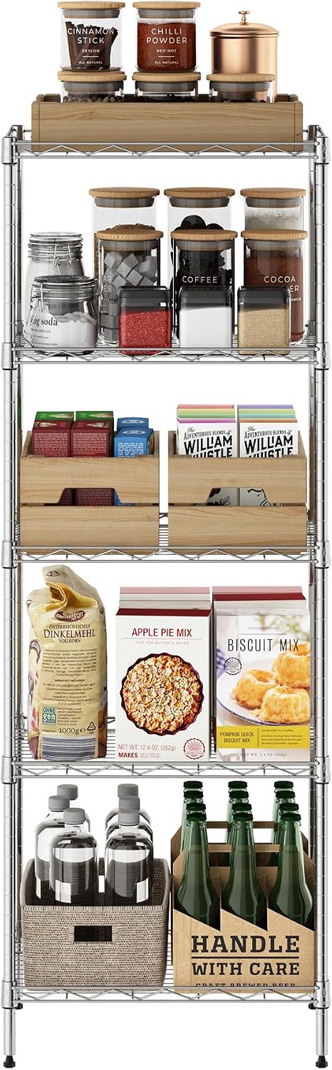Furinno Wayar 5-Tier Metal Storage Shelf Rack, 17 x 12 x 48, Stainless Steel