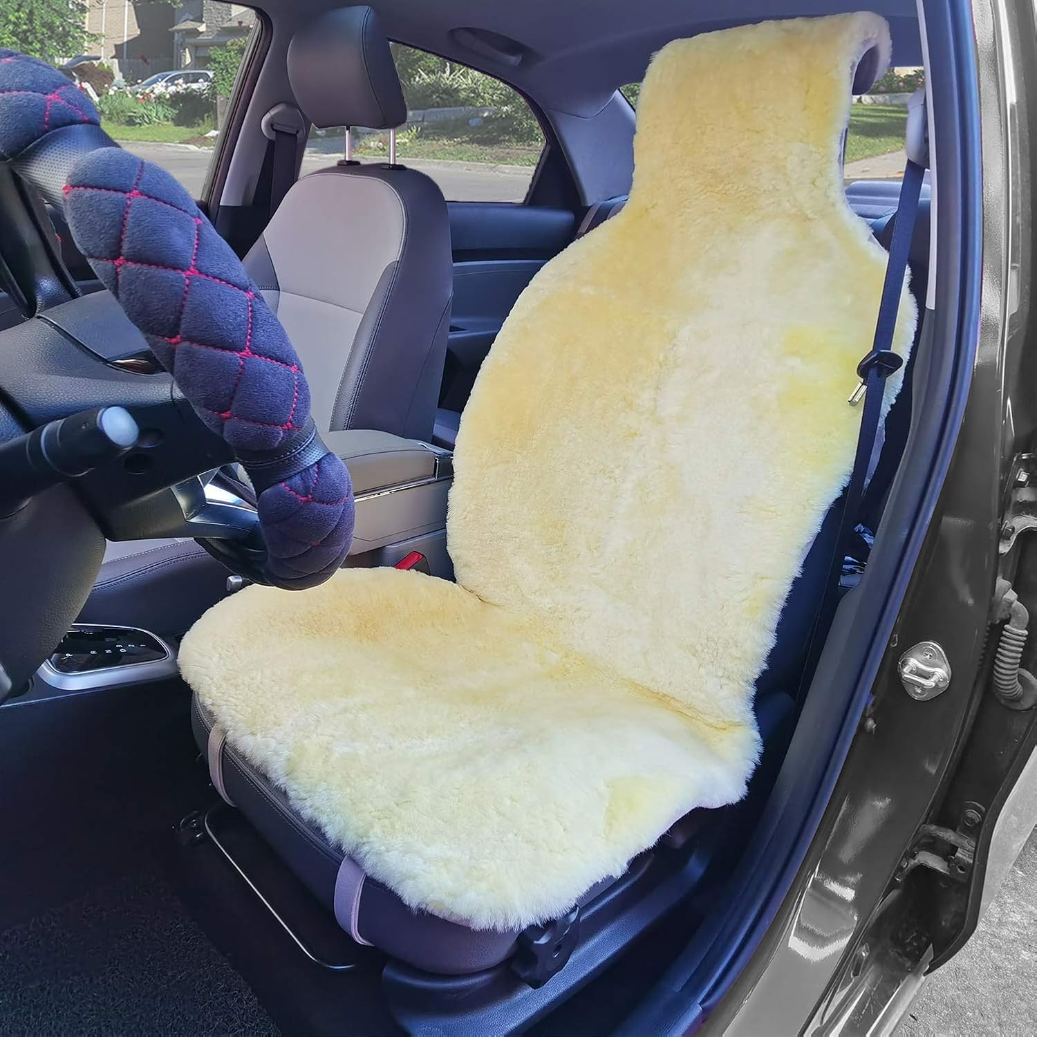 Champlus Automotive Sheepskin Seat Cover, Genuine Australian Sheep Skin, Universal Fit & Airbag Compatible, 1pc, Yellow