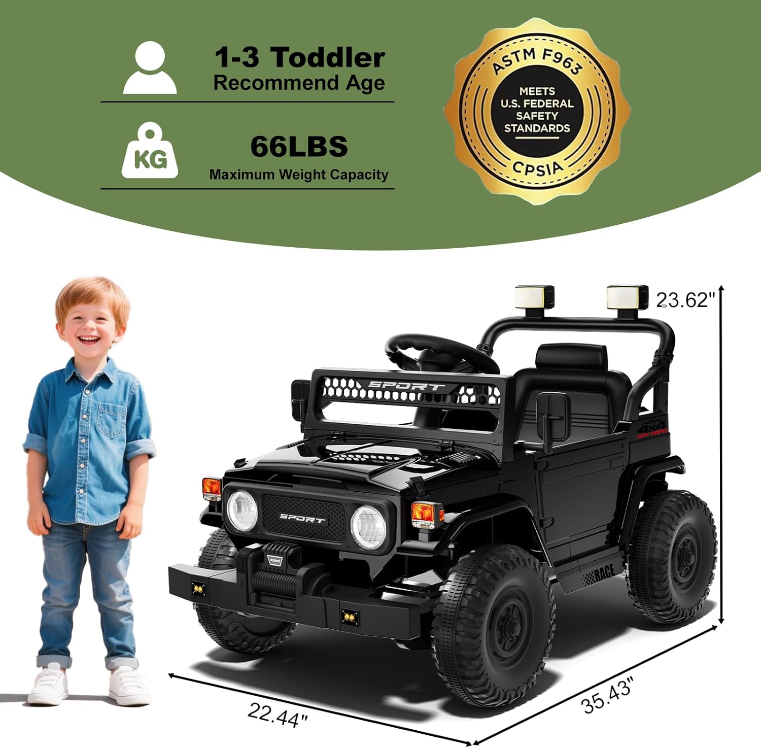 12V 7Ah Ride On Car with Remote Control for Boys, Outdoor Kids Electric Car Toys for Toddlers 1-3, 3 Speeds,Battery Powered,Spring Suspension,LED Lights,Music (Black)
