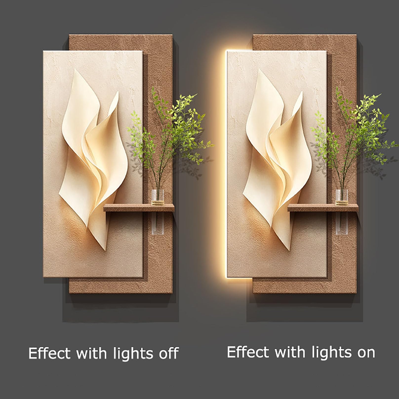 Wanddeko Wohnzimmer mit LED-Licht, 3D Sandstein-Relief & Vase | Handgefertigte Sandstein-Struktur, Integrierte LED-Beleuchtung, Kreative Vasen-Funktion(Brown B,70x140cm/27.5x55.1'')