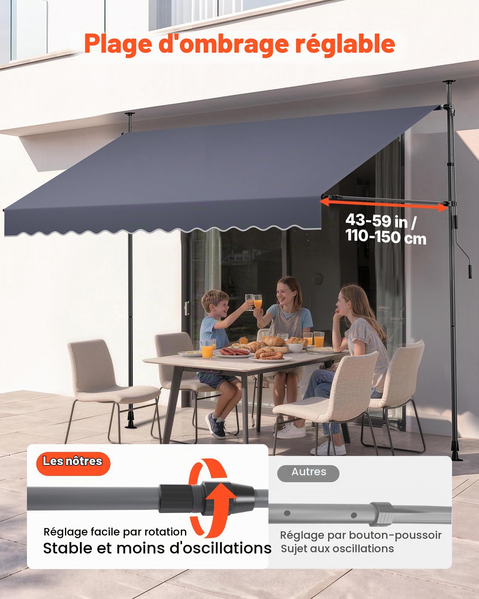 VEVOR Store Banne Manuel sans Perçage Auvent Rétractable 300 cm pour Terrasse et Balcon, avec Manivelle, Hauteur Réglable 210-310 cm, Barres Latérales Réglables 110-150 cm, Angle 0°-90°, Gris Foncé