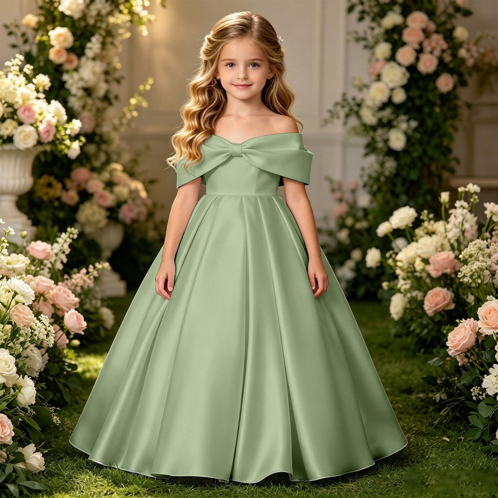 Vestido NiñA Elegantes, Vestido NiñA Ceremonia Lunares, Vestidos De Fiesta Largo hasta El Suelo Color Liso con Hombros Descubiertos Y Un Gran Lazo Mayores Dresses Summer Dress Dress Vestidos Verano