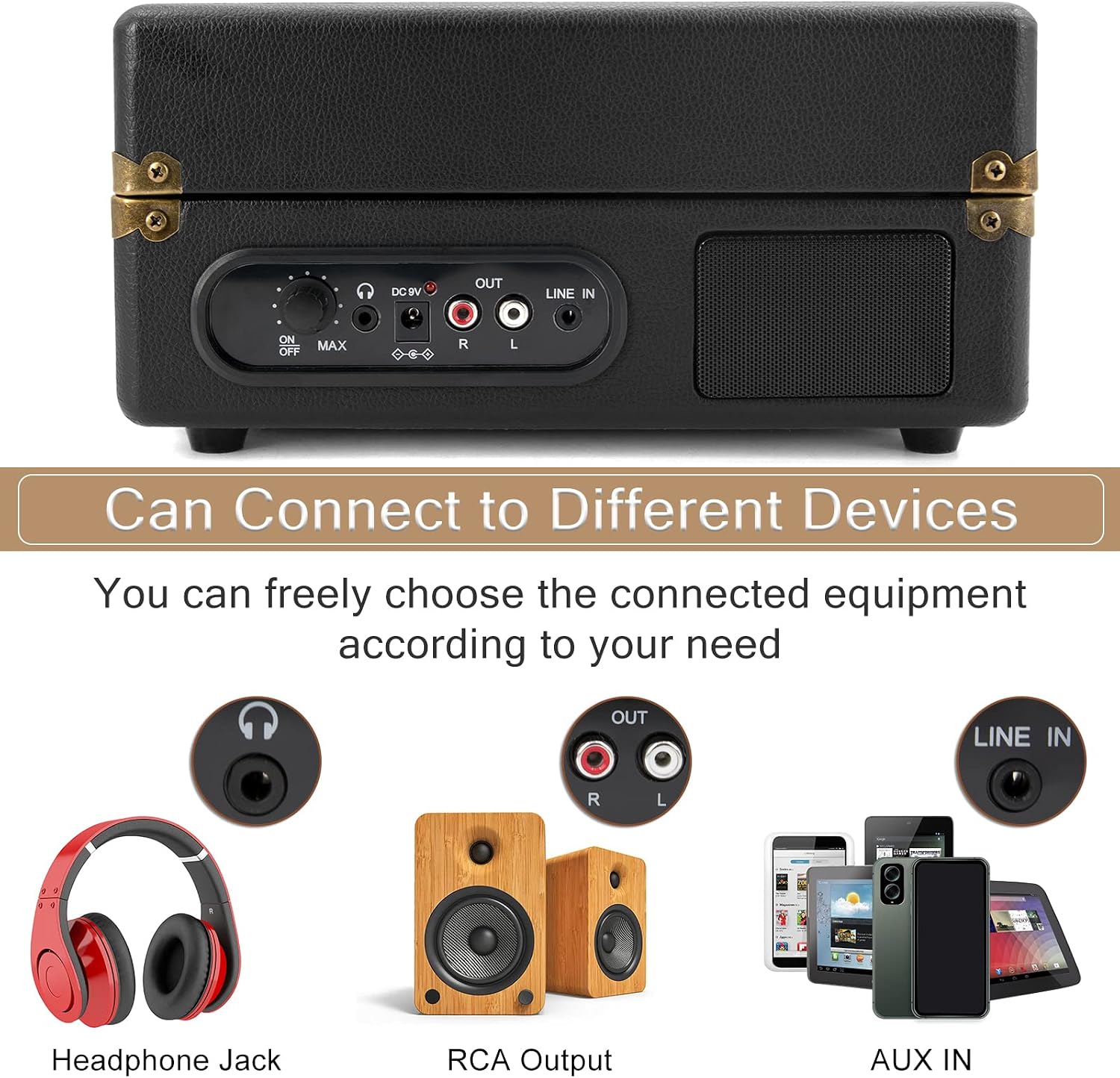 LP&No.1 Portable Suitcase Turntable with Stereo Speaker,3 Speeds Belt-Drive Vinyl Record Player,Black with White