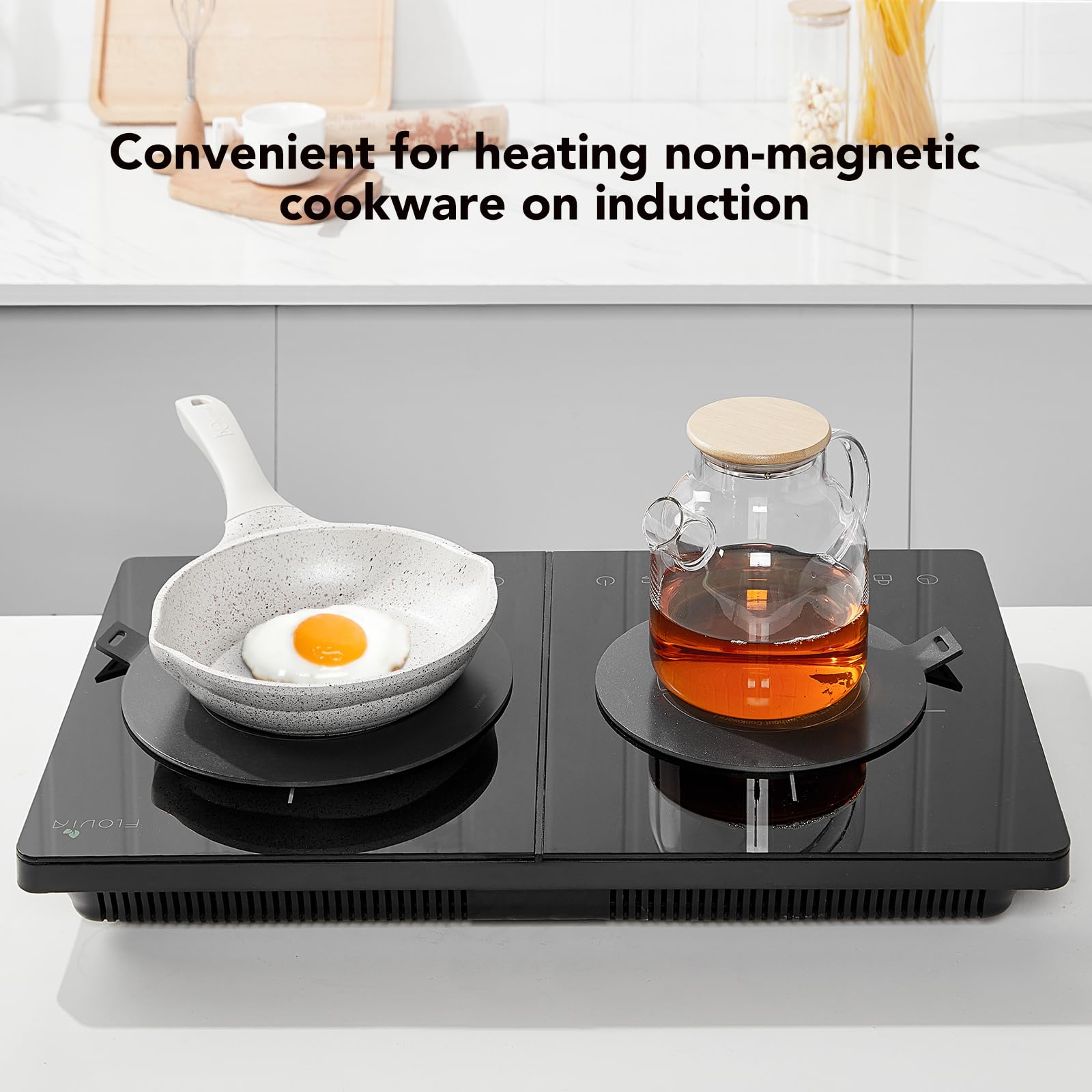 ACTIV CUISINE Adapter indukcyjny z płaskim dyskiem 20 cm ze stali nierdzewnej, z oddzielnym uchwytem i podstawą, dyfuzor indukcyjny Moka do używania ekspresów do kawy, czarny