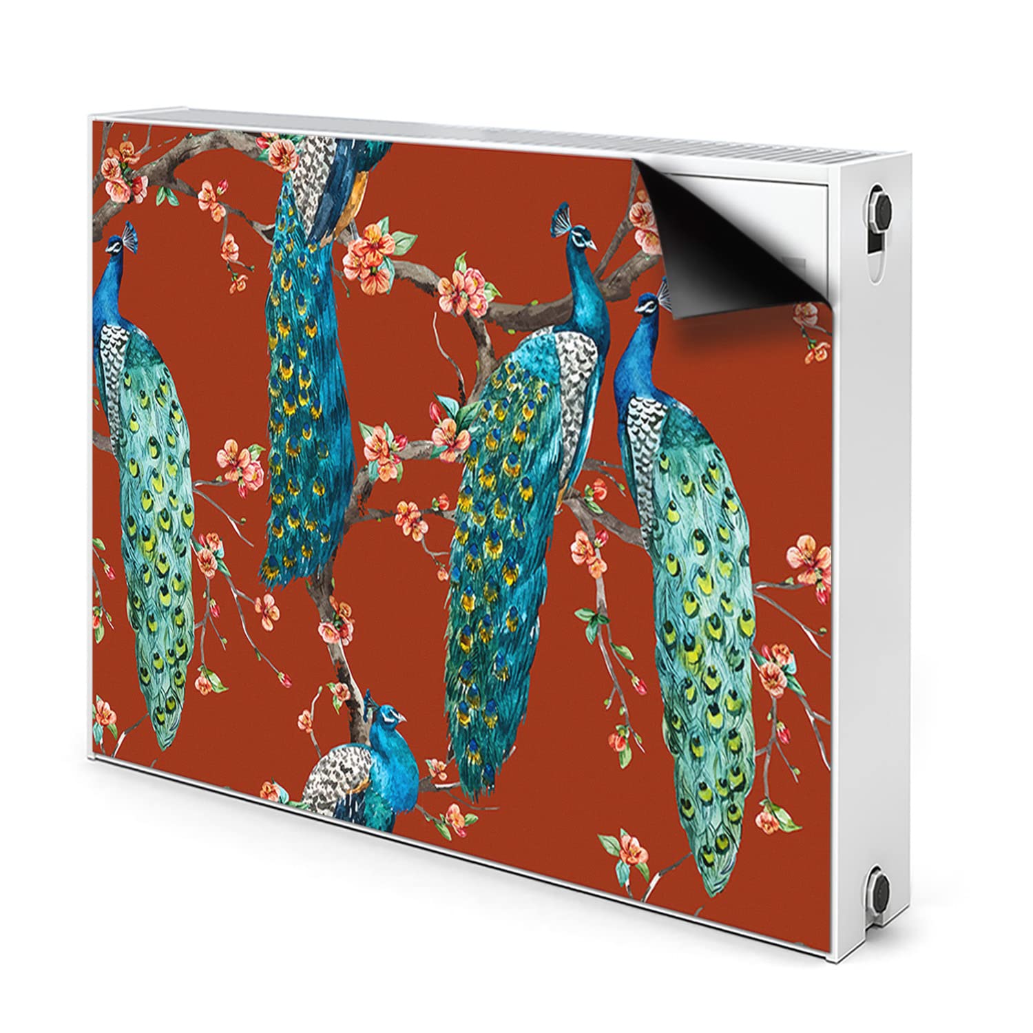 Cache radiateur magnétique 90x60cm rouge motif paon Decormat