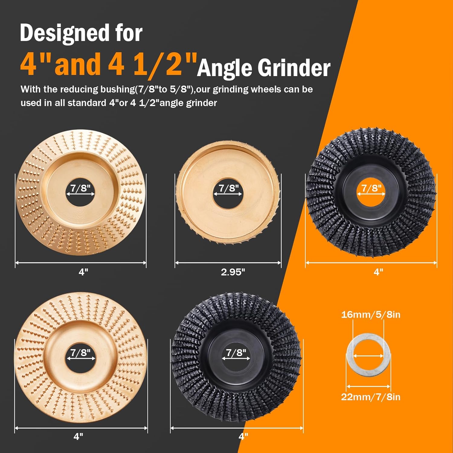 5 Pack Wood Carving Disc Set,4 Inch Angle Grinder Wood Carving Disc with 5/8 inch Arbor, Angle Grinder Attachments for Wood Cutting,Shaping, Sanding & Finishing Wood, Stump, DIY Woodworking