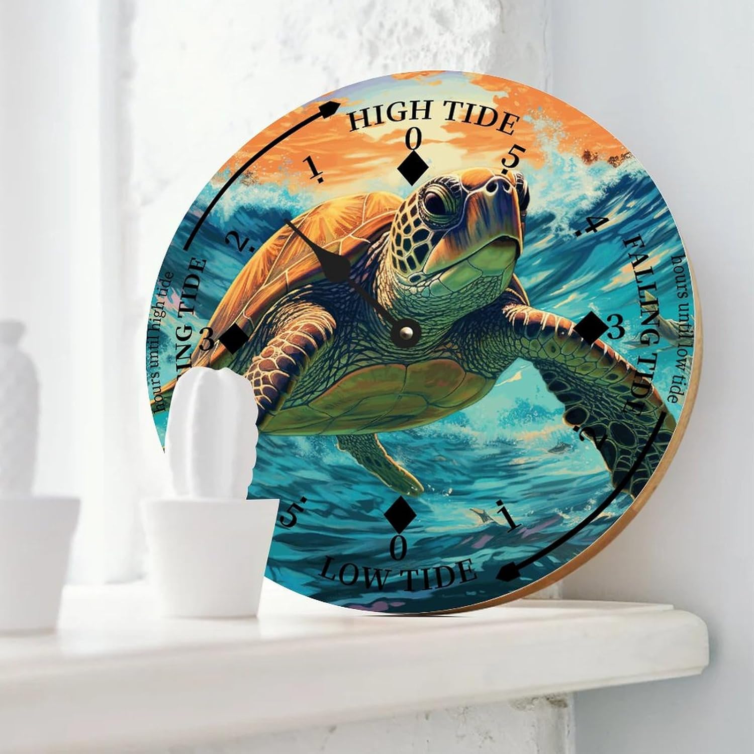 Cheyan Sea Turtle Tide Clock Silent Non-Ticking Battery Operated Wooden Moon Nautical Tide Movement Clock for Sailing Living Room Restaurant Home Decor Wood Wall Art 15x15 in