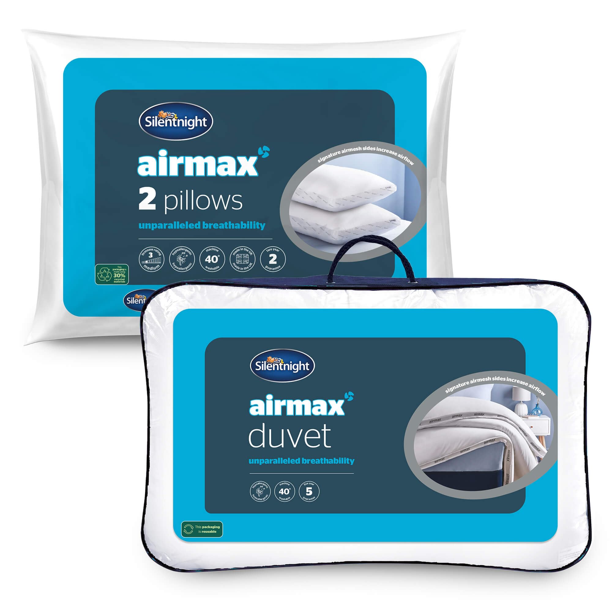 Silentnight White Airmax Duvet And Pillow Pair Bundle - 10.5 Tog Breathable All Season Duvet And Pillow With Mesh Sides To Prevent Overheating - Machine Washable And Hypoallergenic - Super King