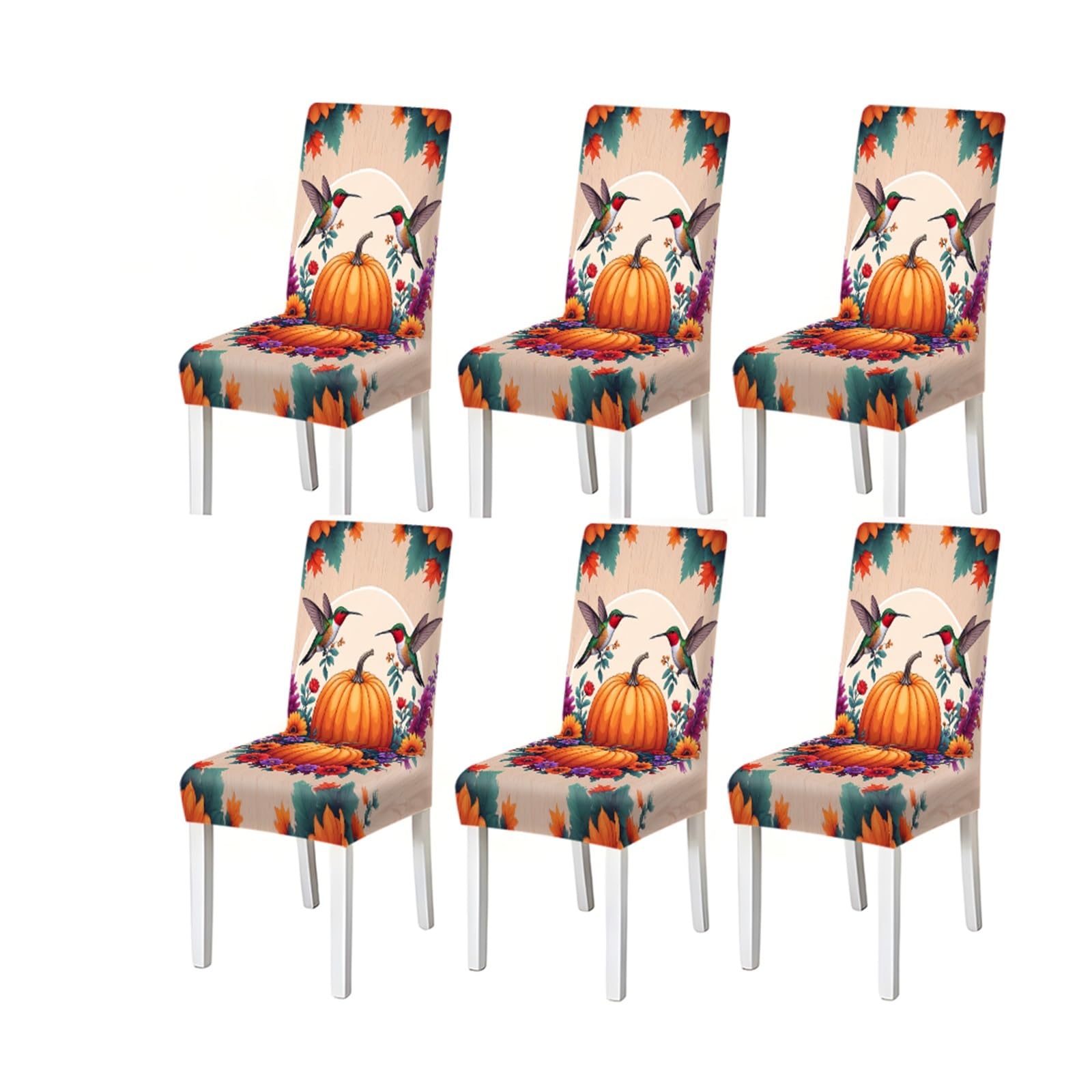 BOSUYBN Autumn Pumpkin & Hummingbird Print Stretch Dining Chair Covers, Set Of 2/4/6 Furniture Protectors for Home Dining Room(6PCSChair cover)
