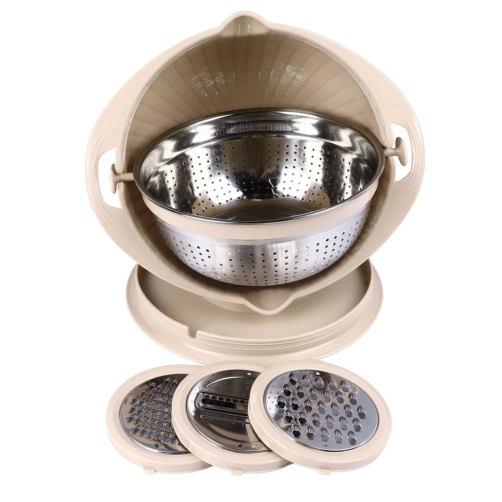 Generic Ciotola per Scolapasta 4 in 1 Utensili per Affettare, Ciotola per Lavare Verdure Grattugie Colino Girevole Manico Ergonomico in Acciaio Inossidabile a 2 Strati Versatile (Beige)