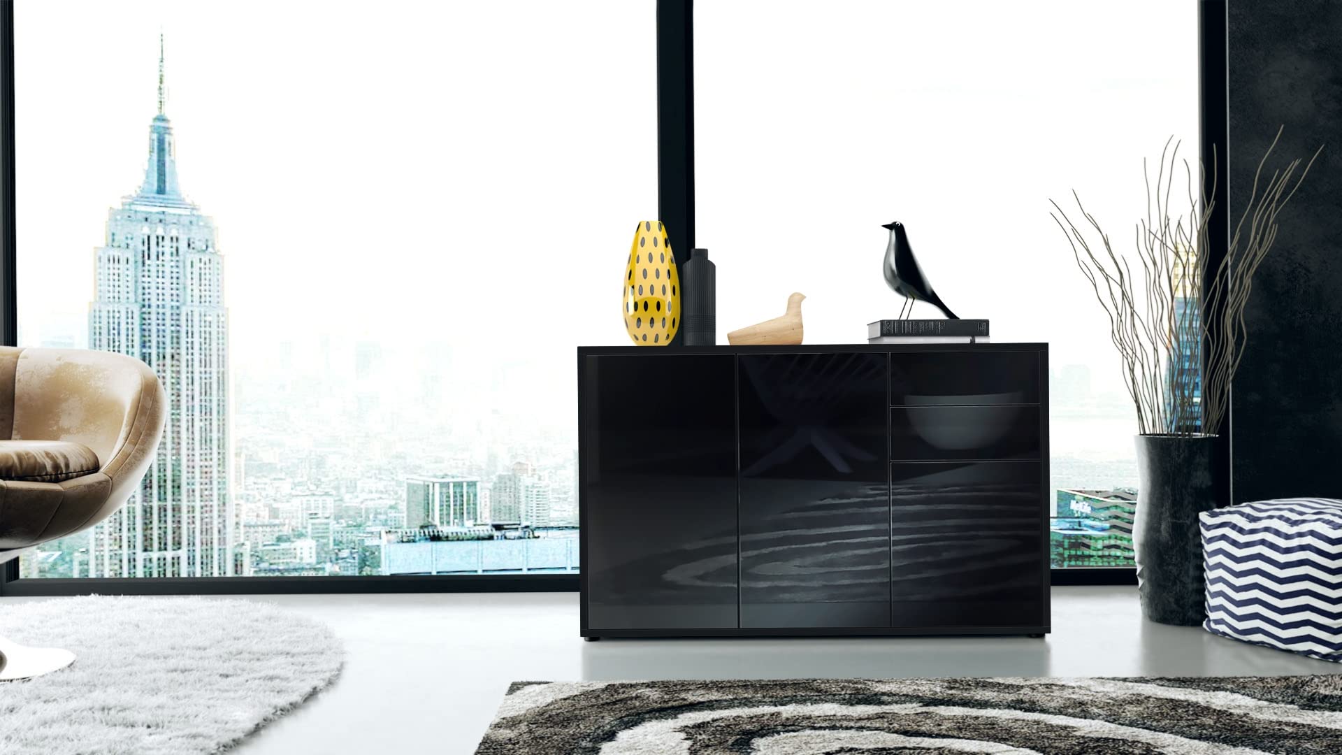 Vladon Sideboard Ben V3, Kommode mit 3 Türen und 2 Schubladen, Schwarz matt/Schwarz matt (117 x 74 x 36 cm)