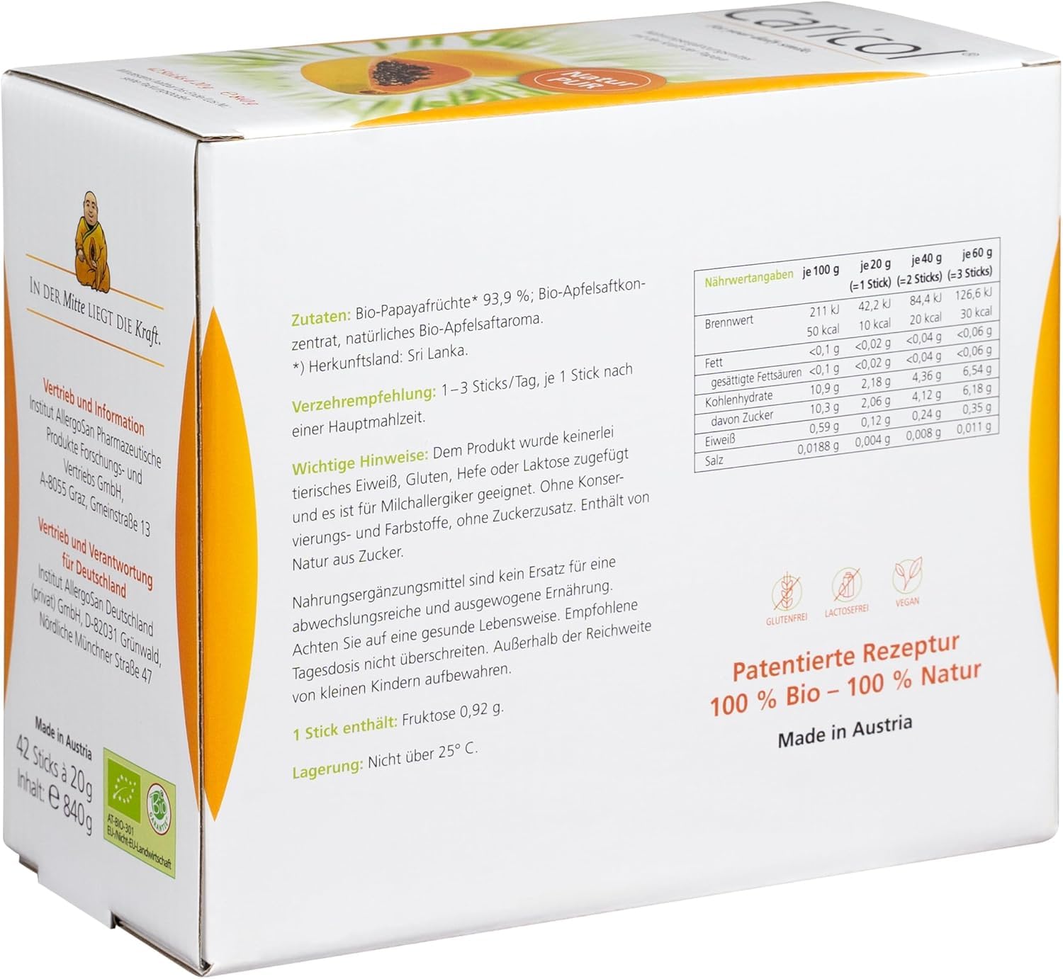 Caricol | 100% natürliche Inhaltsstoffe in Bio-Qualität | Mit Papain | Einfach zu dosieren | 42 Sticks á 20 g (840 g)