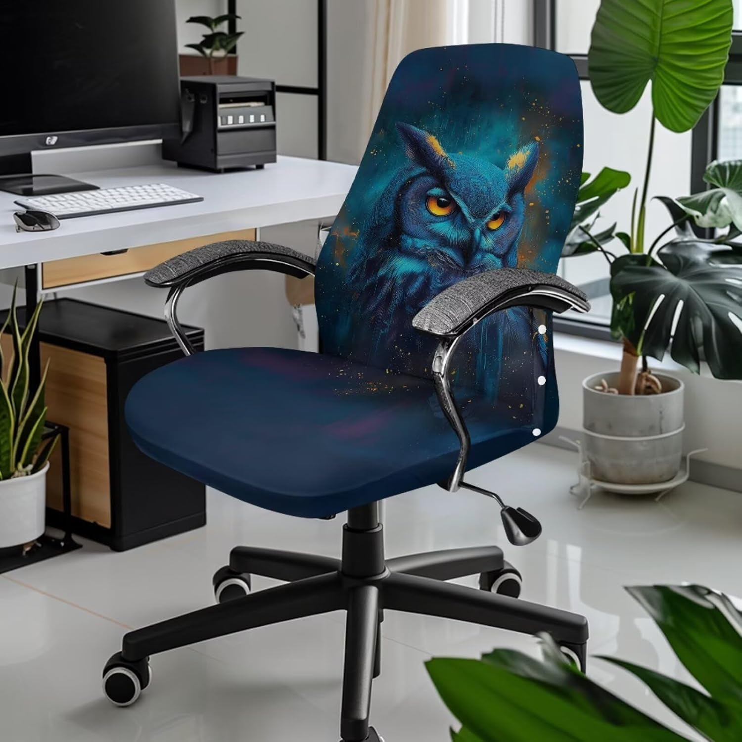 Blue Owl Pattern Office Chair Cover, Removable Computer Cover for Chair with Elastic Bottom Universal Rotating Desk High Back Seat Protective Chairs Slipcovers-L
