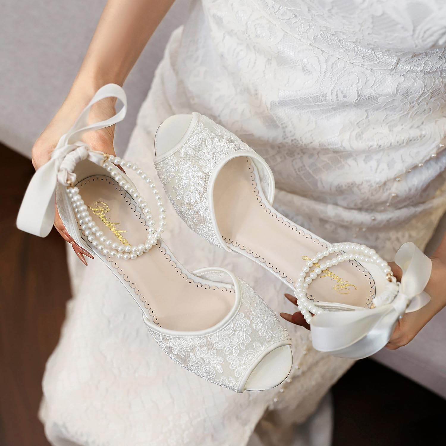 10520 Women’s Peep Toe Wedding Shoes 2.56 Inch Block Heel Lace Pearl Ankle Strap Bridal Heels - Image 3