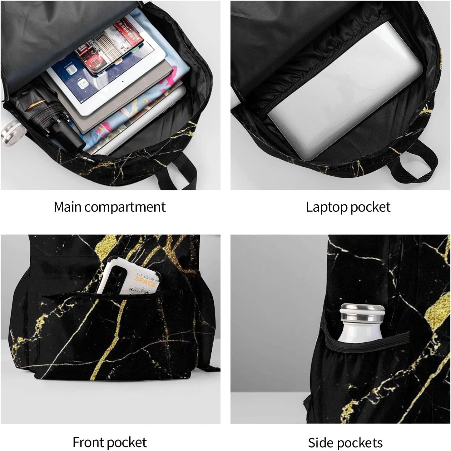 KiuLoam 17 Inch Backpack Gold Black Marble Laptop Backpack Shoulder Bag School Bookbag Casual Daypack