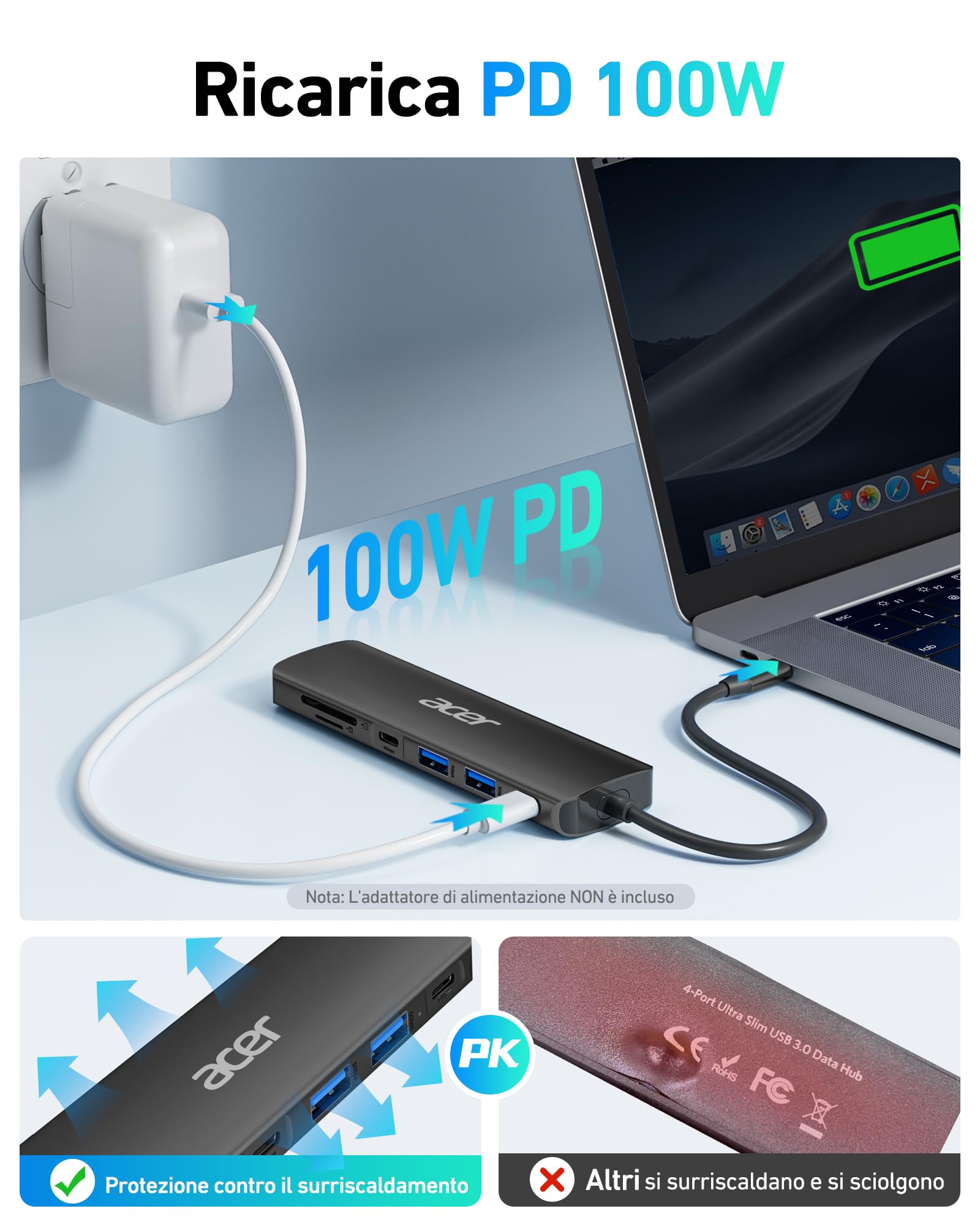 Acer Hub USB C 7 in 1, USB C Adattatore con 4K HDMI, 2 USB-A 3.0 5Gbps, PD 100W, Lettore Schede SD/TF, Sdoppiatore Multi USB per Computer/MacBook Pro Air/iPad/iPhone 15/Surface/Steam Deck (Nero)