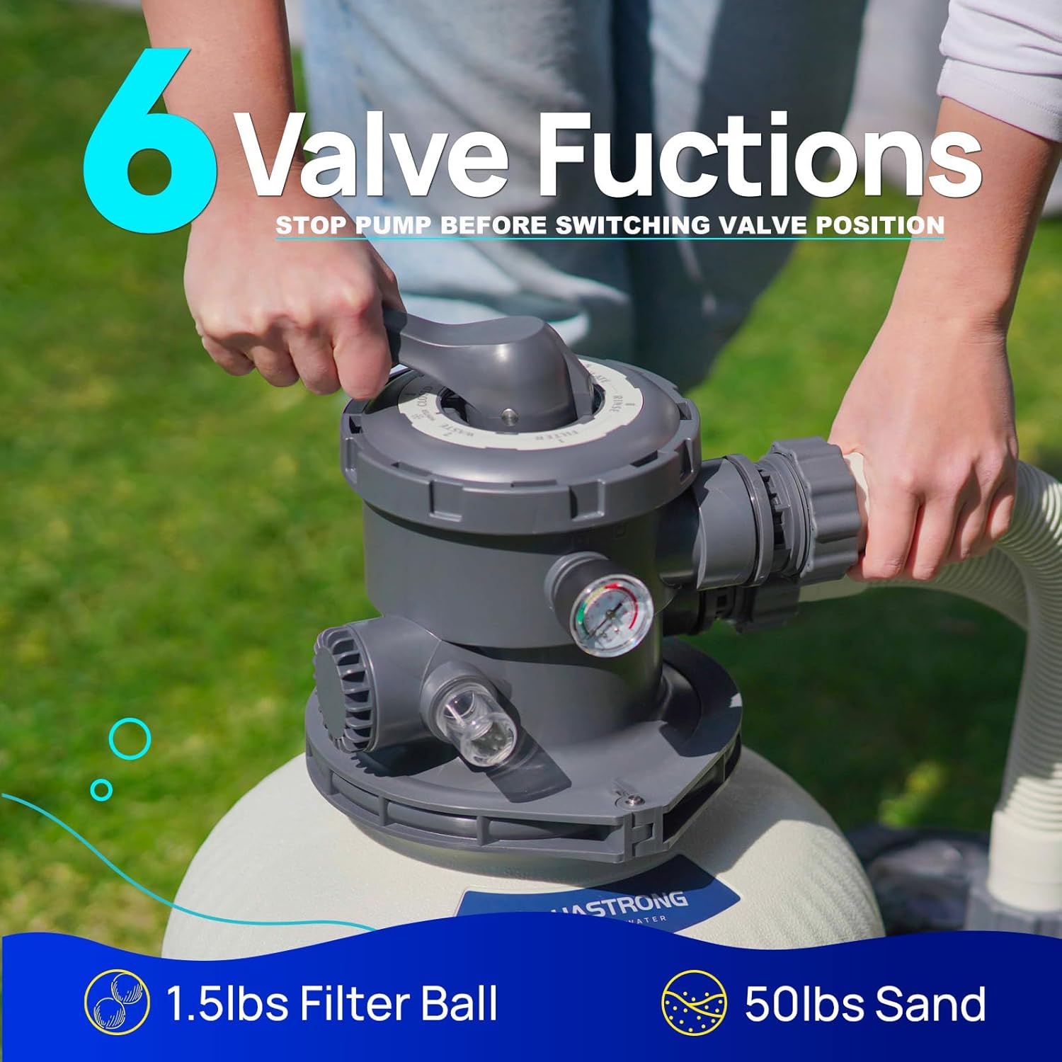 AQUASTRONG Sand Filter Pump for Above Ground Pool, Pool Pumps Above Ground with Timer, Pool Sand Filter with 6-Way Valve,Improved Circulation and Filtration,12in, up to 14000 Gallons