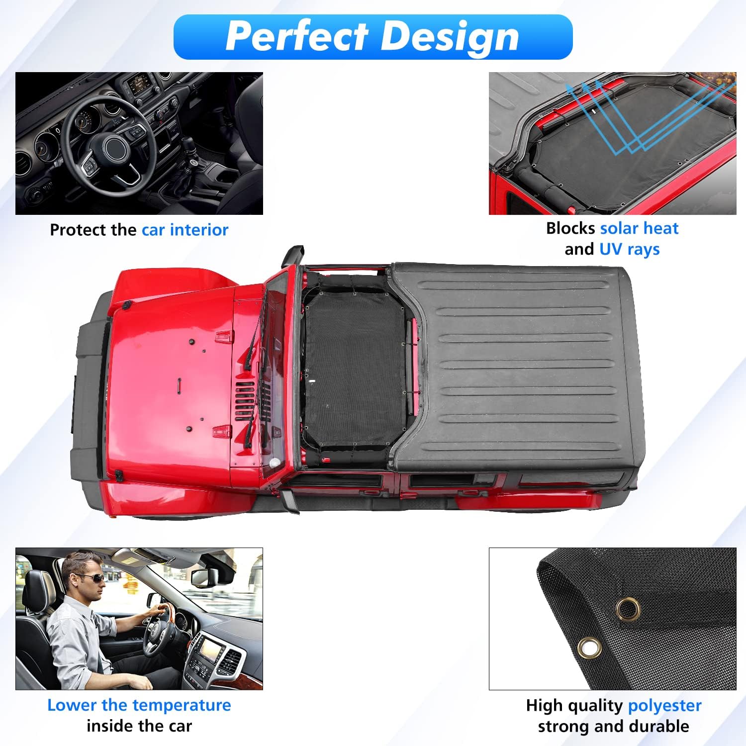Jimen Front Mesh Sunshade Bikini Top Sun Shade for 2007-2018 Jeep Wrangler JK & Unlimited 2 Door 4 Door, Black